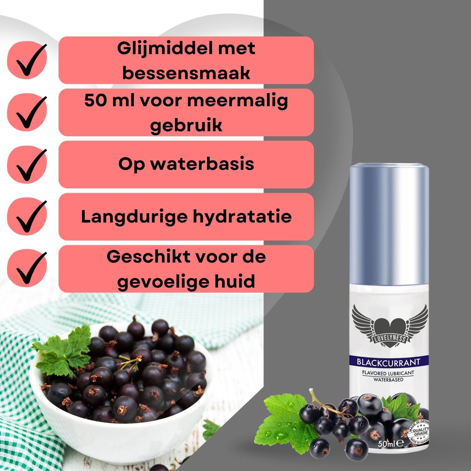 Glijmiddel met bessensmaak. 50ml. Op waterbasis. Langdurige hydratatie. Gevoelige huid.