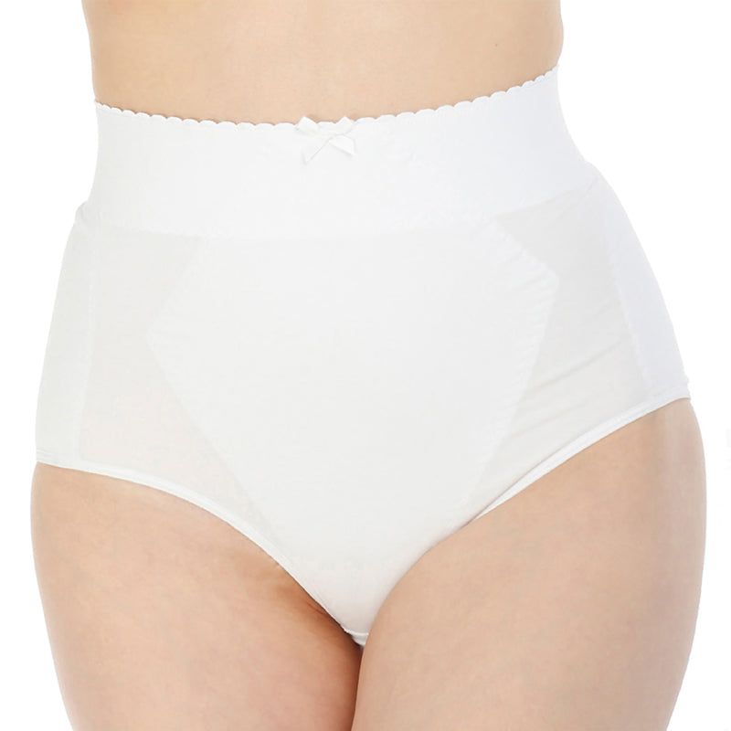 Culotte gainante blanche taille haute. Bord festonné avec nœud. Panneaux façonnés.