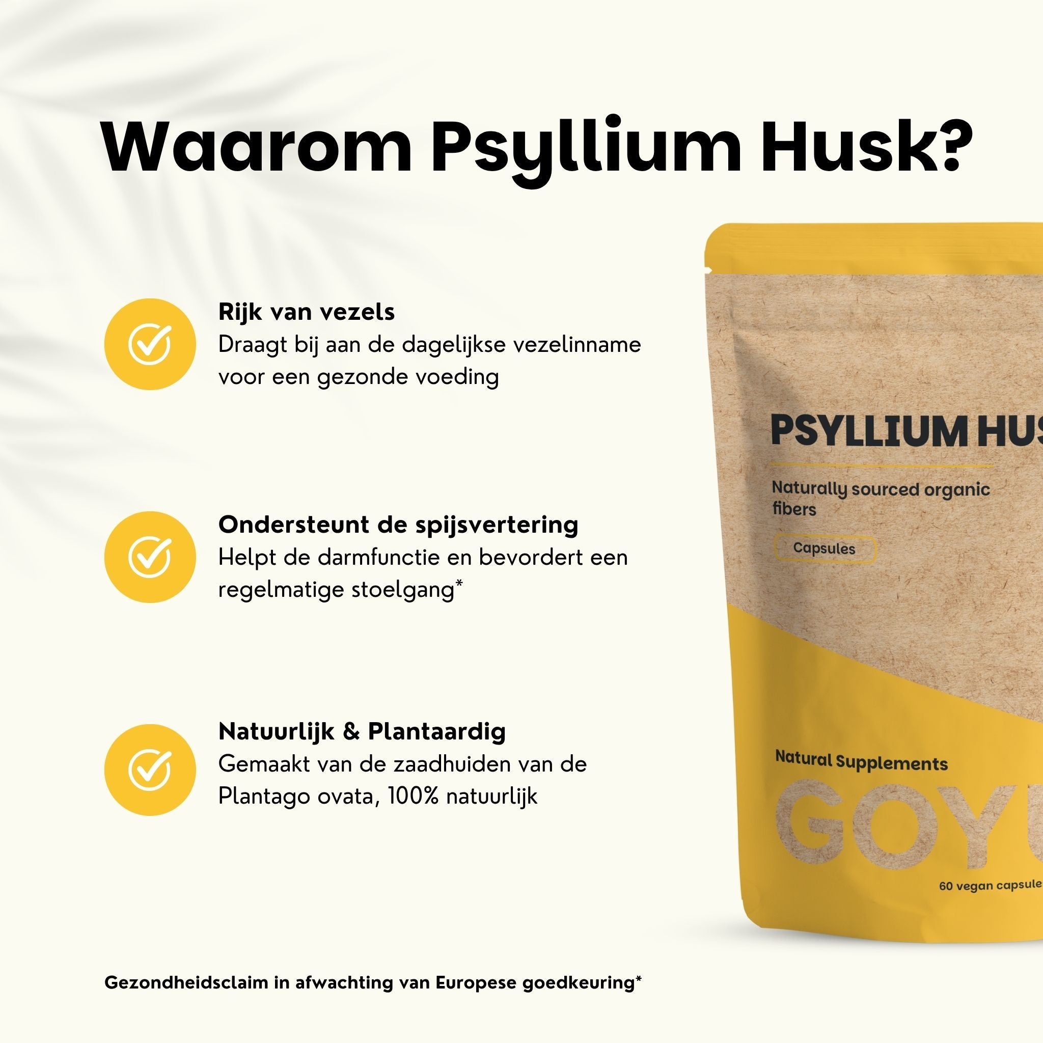 Buik van een persoon met tekst over dagelijkse vezels en psyllium husks capsules.