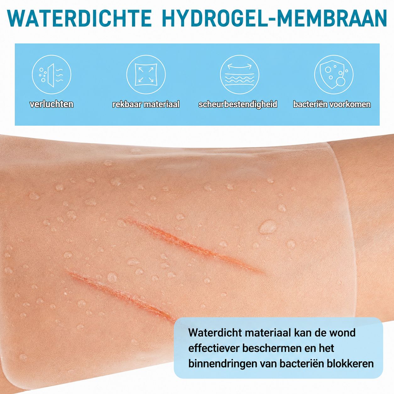 Waterdicht hydrogel membraan op huid met sneden.