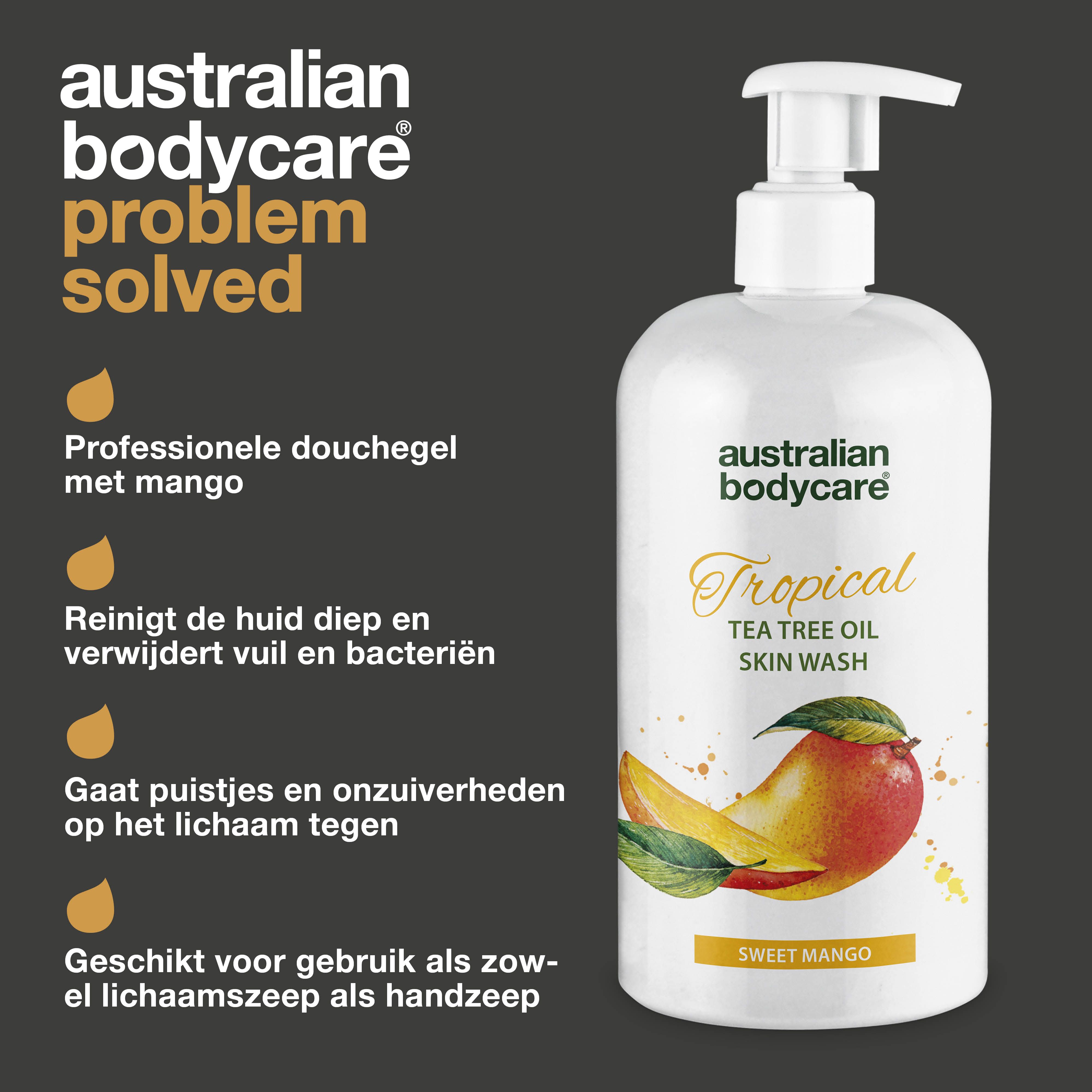 Productfles met tekst: Australian Bodycare, Professionele douchegel met mango. Tekst: Problem solved, Tropical, Sweet Mango.