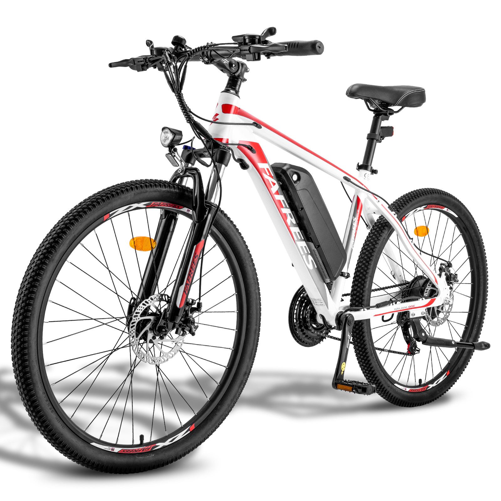 VTT électrique, blanc avec accents rouges. Pneus, selle et batterie noirs. Marque Fafrees.