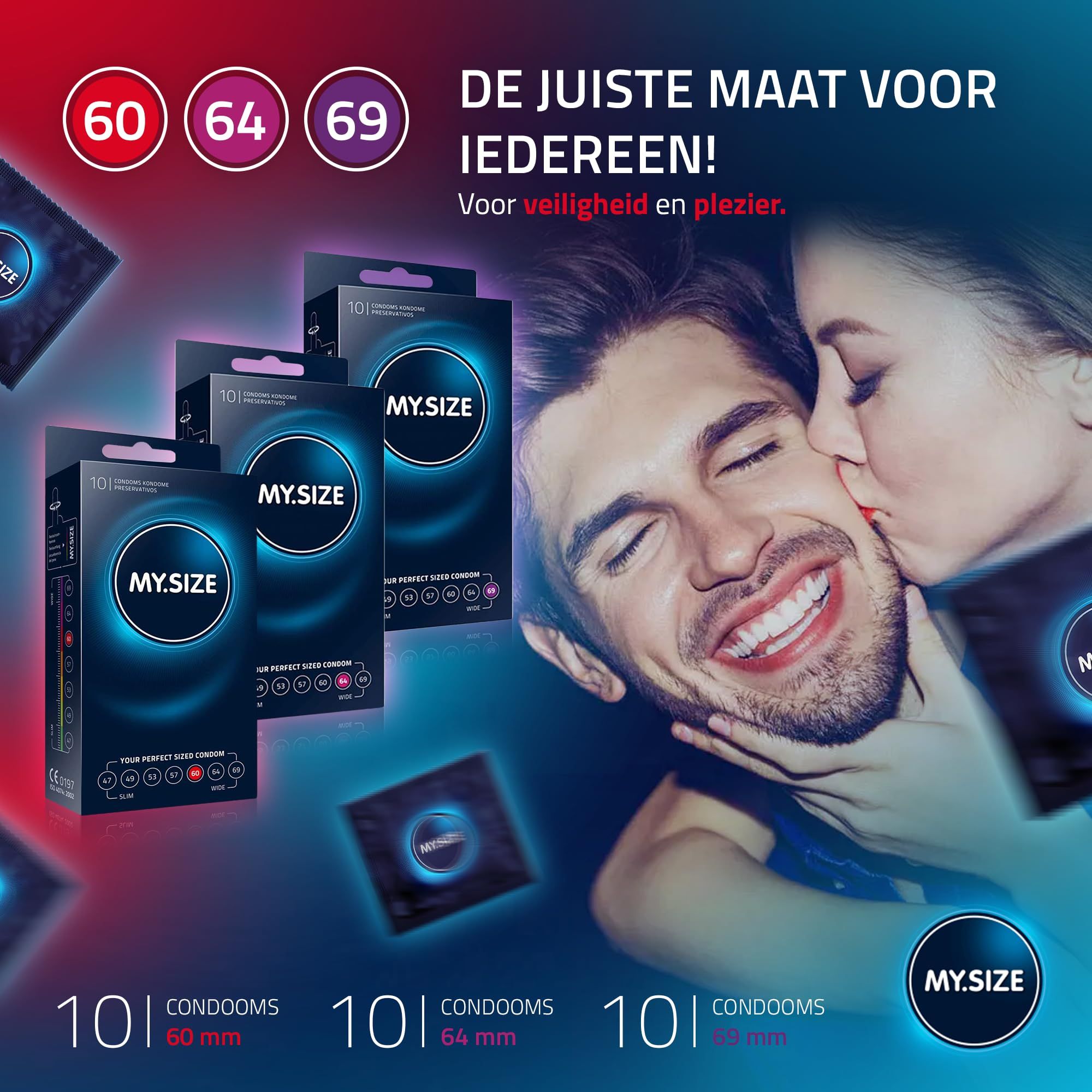 Drie pakken MY.SIZE Classic condooms (maten 60, 64, 69).