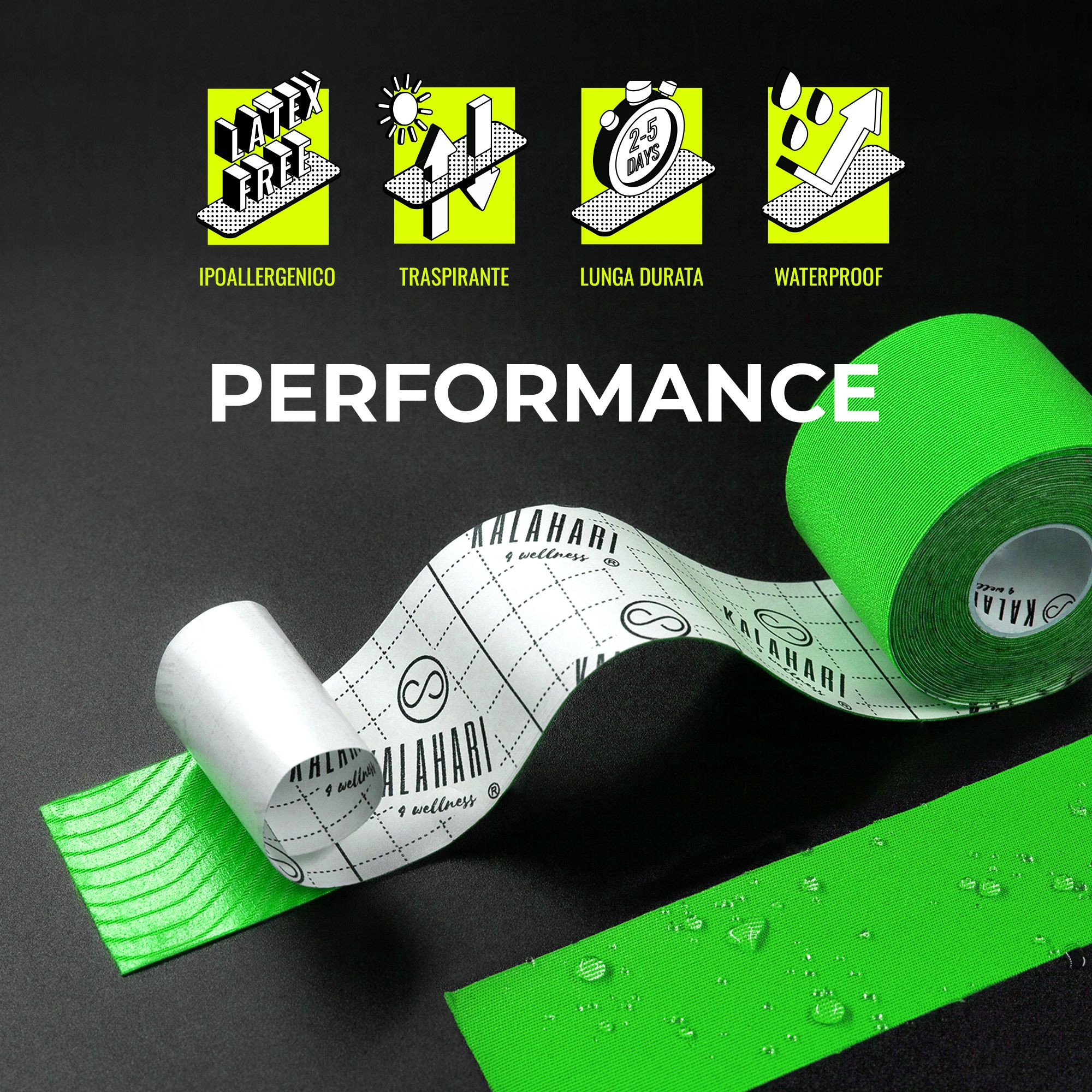 Groene kinesiologietape rol met verwijderde drager. Iconen: hypoallergeen, ademend, lange duur, waterdicht.