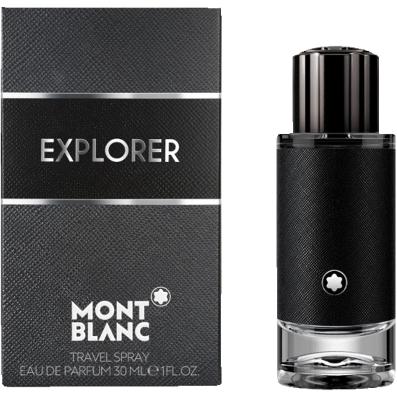 Zwarte verpakking met 'EXPLORER' en 'MONTBLANC'. Fles met zwart imitatieleer ernaast.