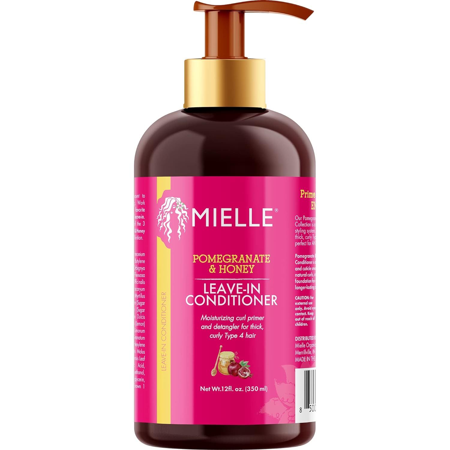 Mielle Leave-In Conditioner fles met pompdispenser op een lichte achtergrond.