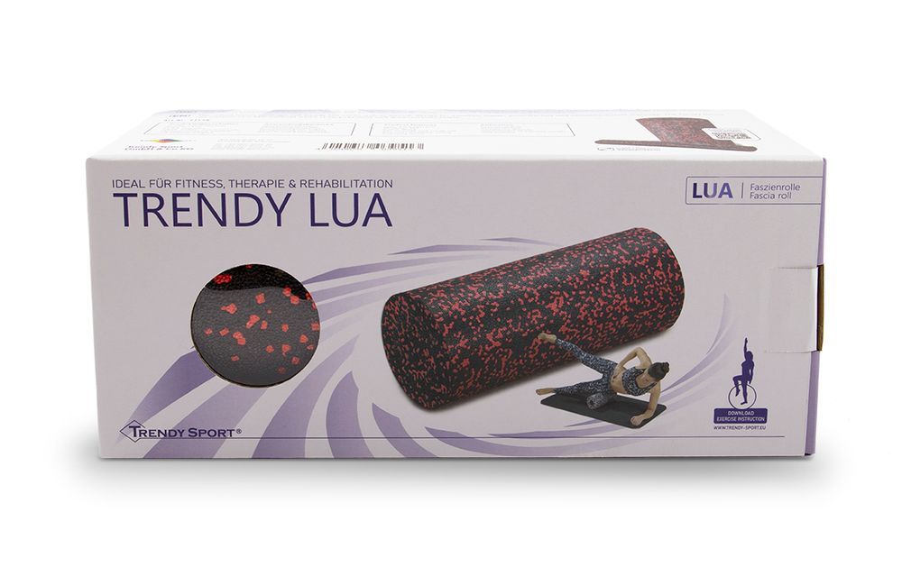 Emballage produit avec rouleau de fascia et accessoires. Inscription 'Trendy Lua'. Illustration du rouleau et logo.