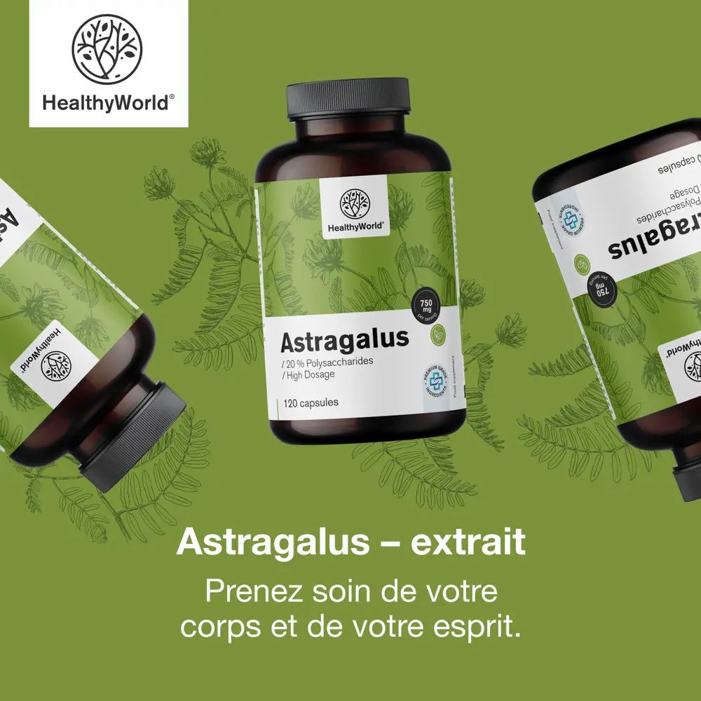 Trois bouteilles d'extrait d'Astragale sur fond vert avec motif de feuilles.