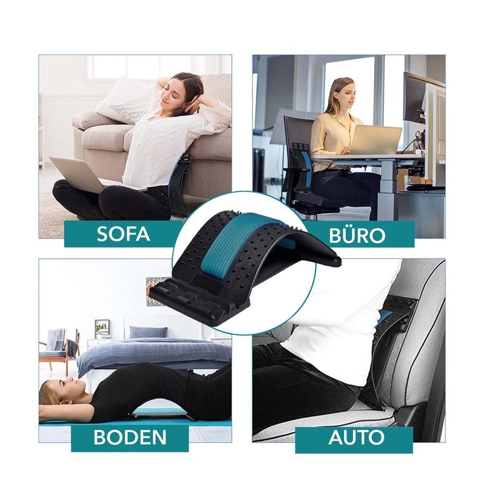 Appareil d'étirement dorsal dans différents contextes d'utilisation: canapé, bureau, sol, voiture. Produit au centre.