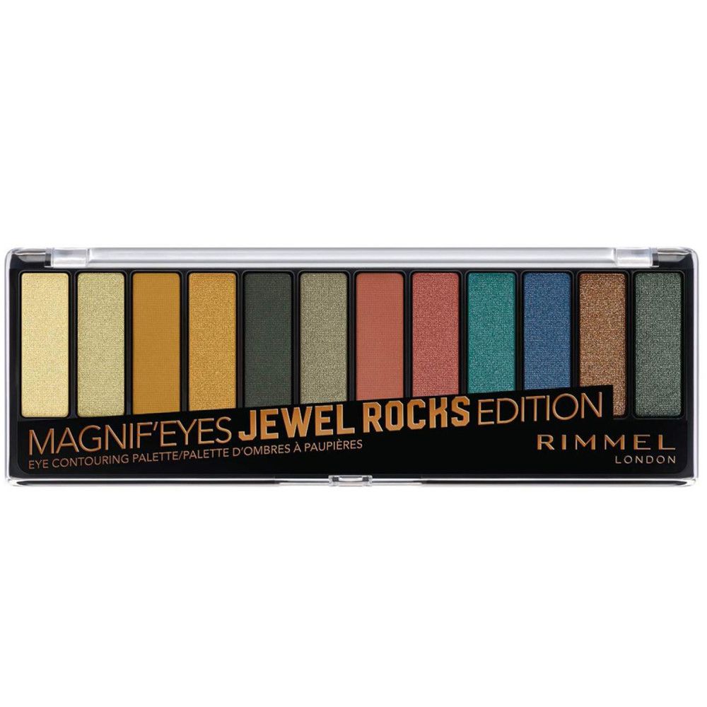 Rimmel Magnif'eyes Jewel Rocks oogschaduwpalet. 12 kleuren in zwarte verpakking. Tekst zichtbaar.