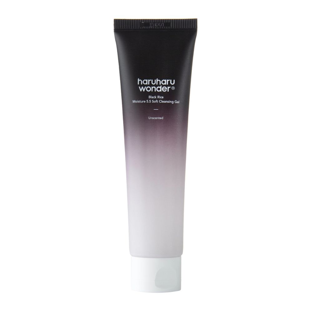 Tube de Haruharu WONDER Schwarzer Reis Moisture 5.5 Soft Cleansing Gel, debout sur fond blanc.