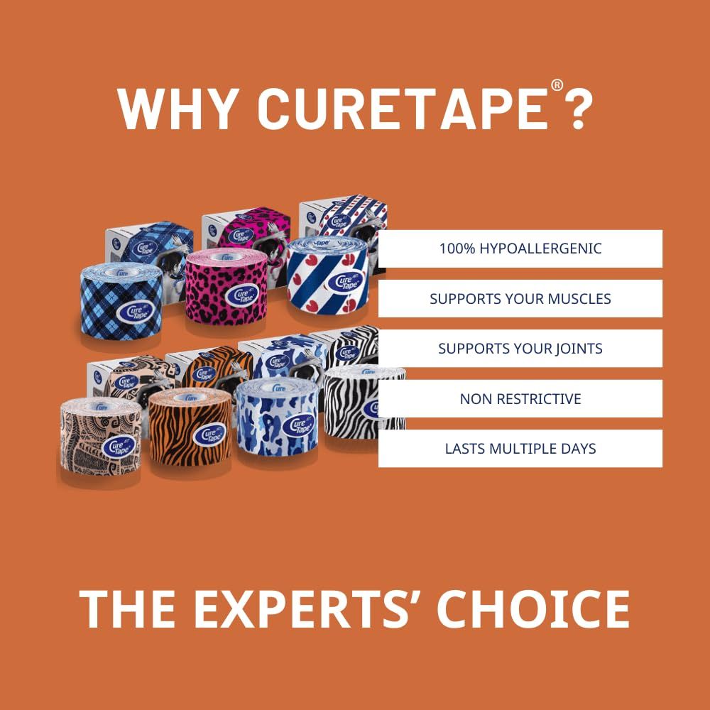 Meerdere rollen CureTape kinesiologie tape in diverse patronen en kleuren. Tekst benadrukt eigenschappen.