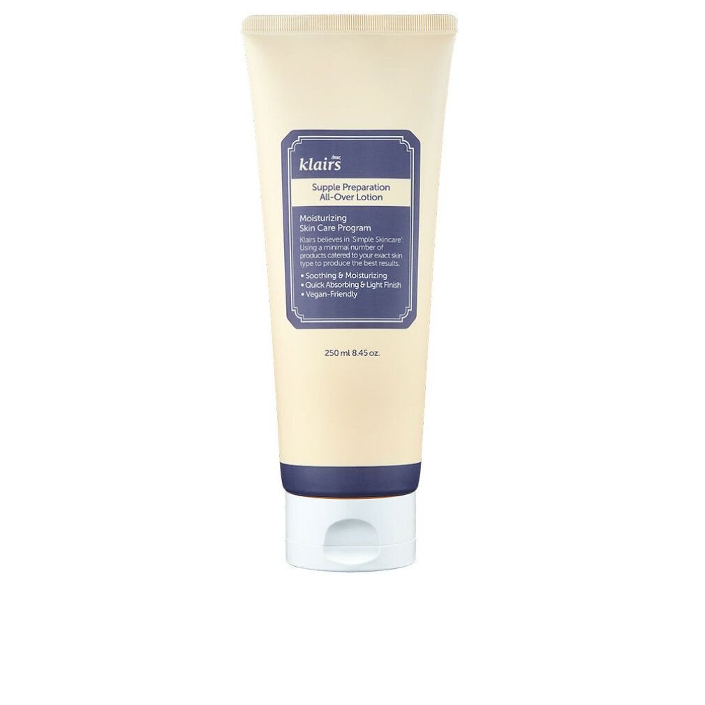 Tube beige avec étiquette bleue. Inscription : klairs, Supple Preparation All-Over Lotion. 250ml.