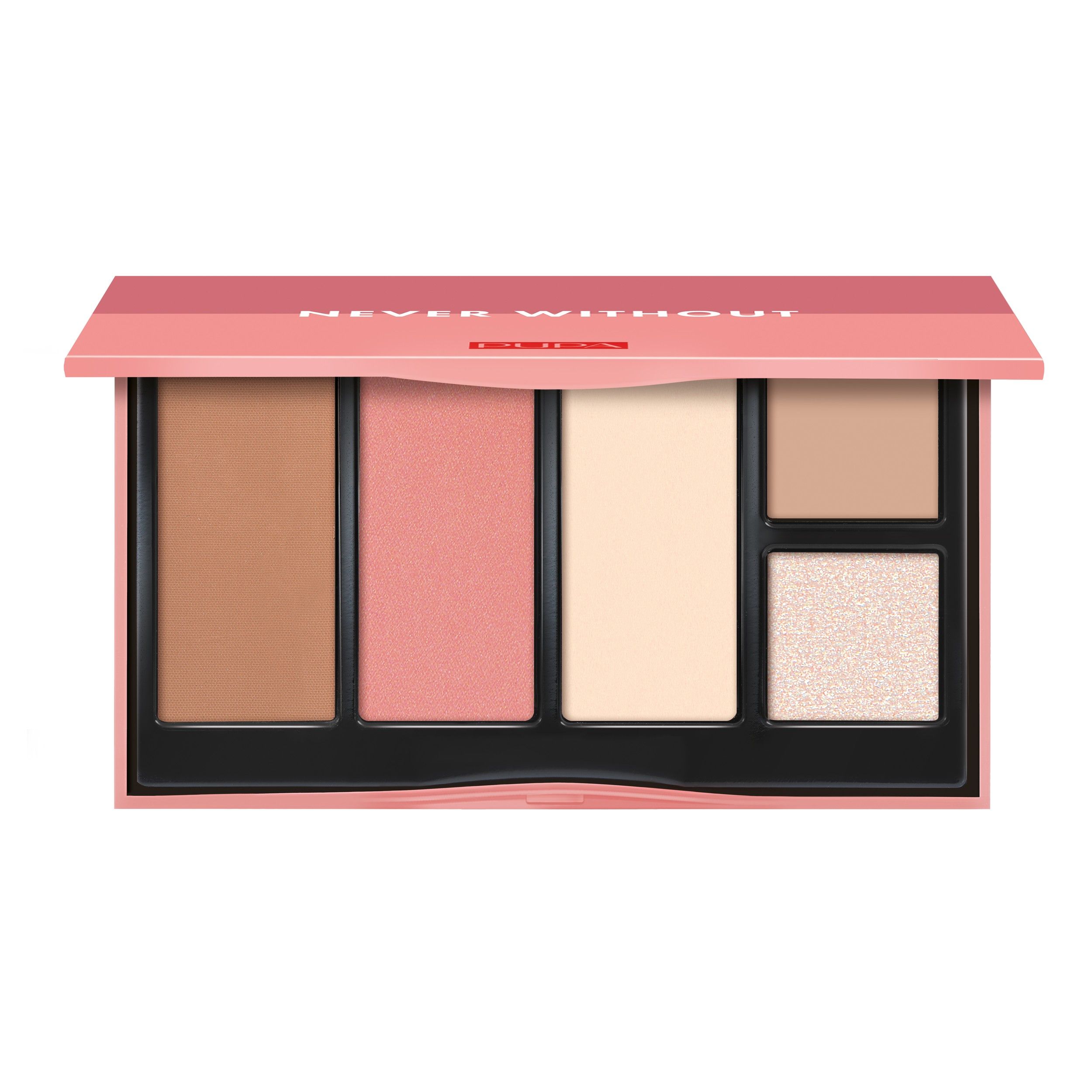 Palette compacte avec cinq fards à paupières et un blush dans des tons roses et bruns.