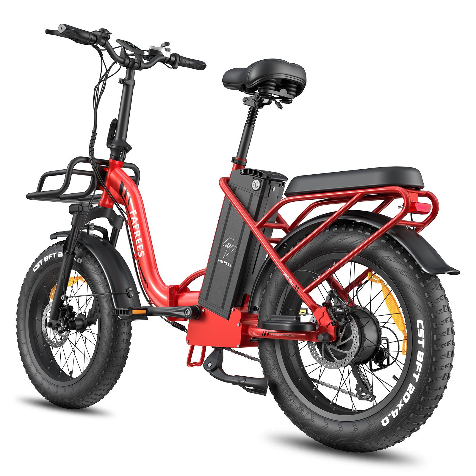 Rode opvouwbare e-bike met zwarte mand, banden en zadel. FAFREES-logo zichtbaar. Met accu en LCD-scherm.