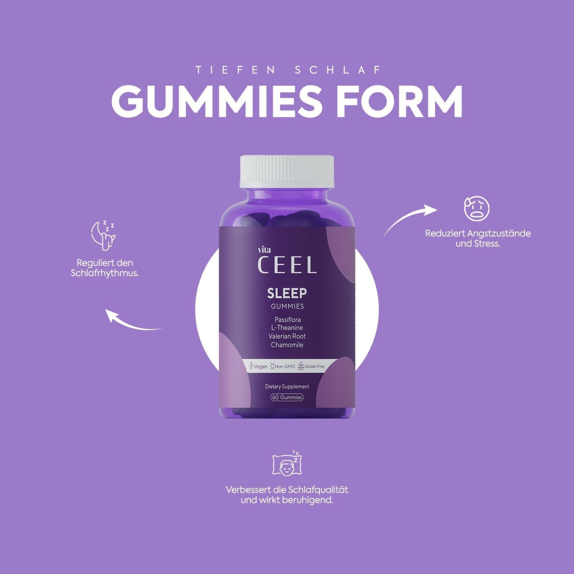 Bouteille de Vita Ceel Sleep Gummies avec icônes pour la régulation du sommeil et la réduction du stress.