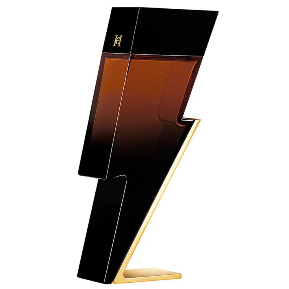 Bliksemvormige fles. Zwart en bruin. Gouden voet. Opschrift: Bad Boy.