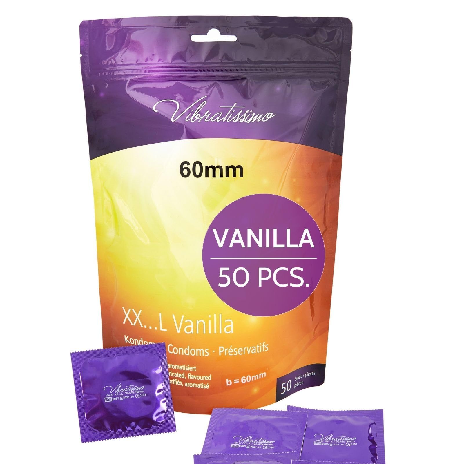 Vibratissimo Condoms Vanilla XXL, 50 stuks, 60mm breed. Geurige, natuurlijke condooms.