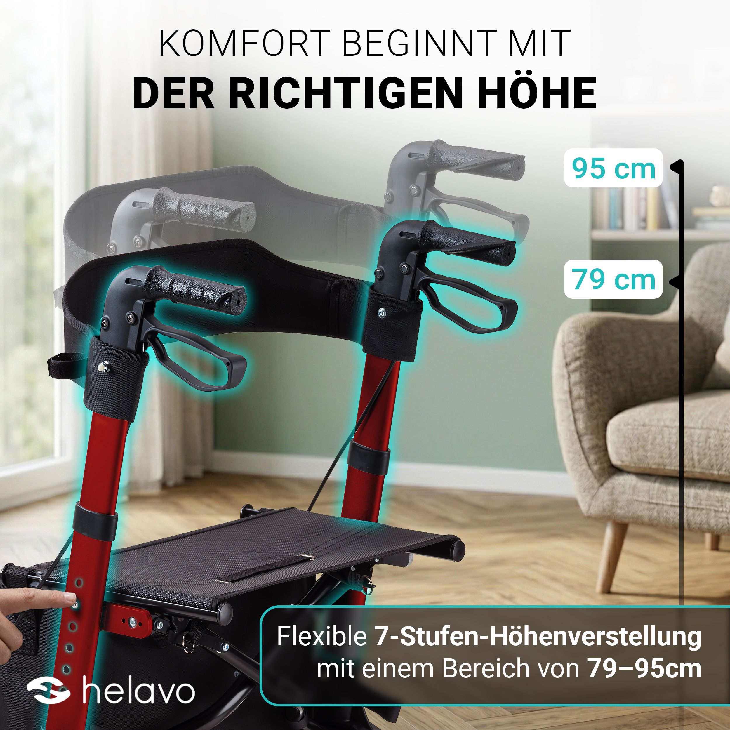 Rollator Helavo avec hauteur réglable de 79-95cm. 7 niveaux.
