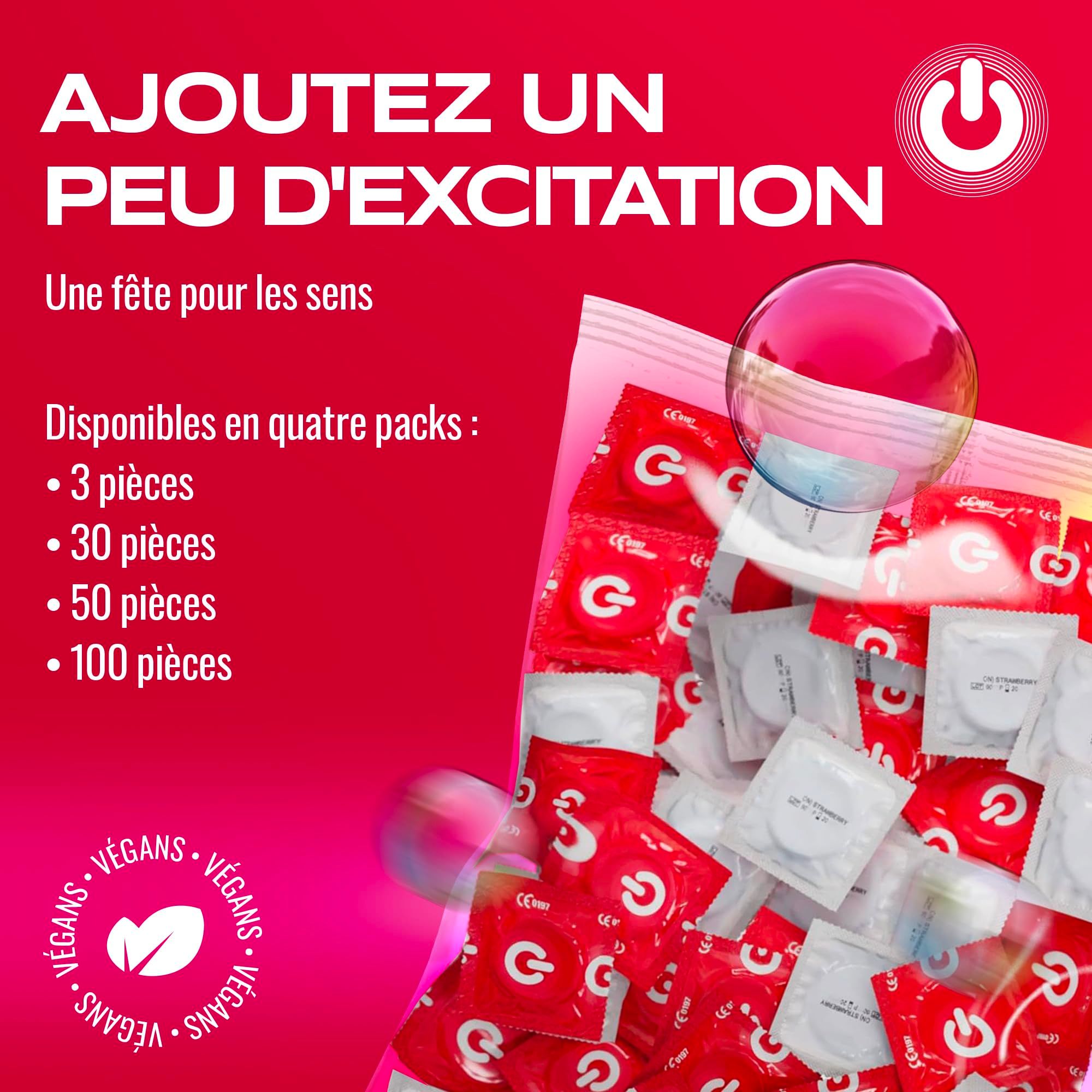 Pack de 100 préservatifs, disponibles en lots de 3, 30, 50 et 100. Végétalien.