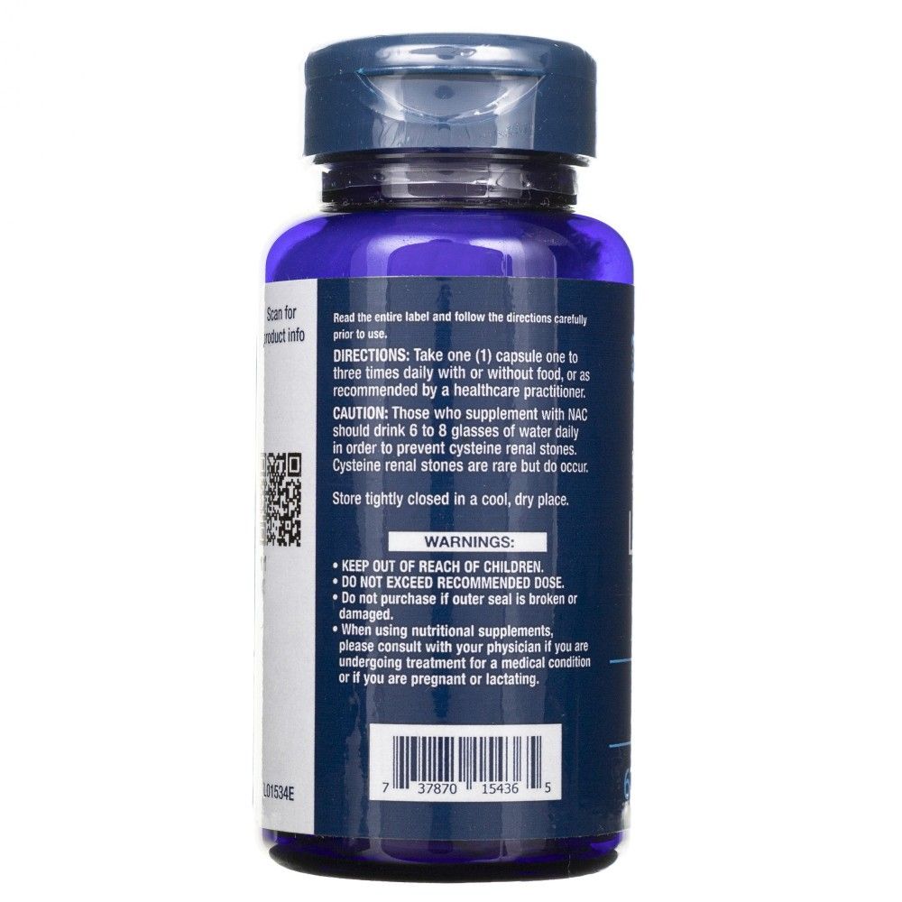 Achterkant van de Life Extension N-Acetyl-L-Cysteïne (NAC) 600 mg pot met instructies en waarschuwingen.