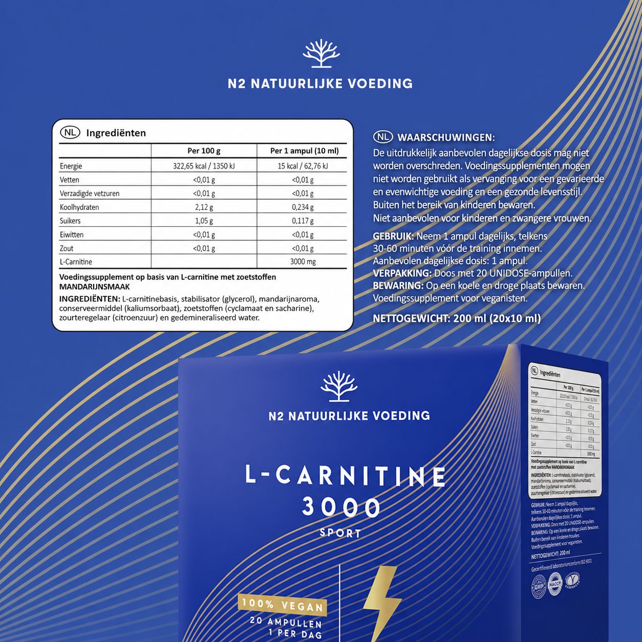 N2 Natuurlijke Voeding L-Carnitine 3000 Sport, 20 vegan ampullen.