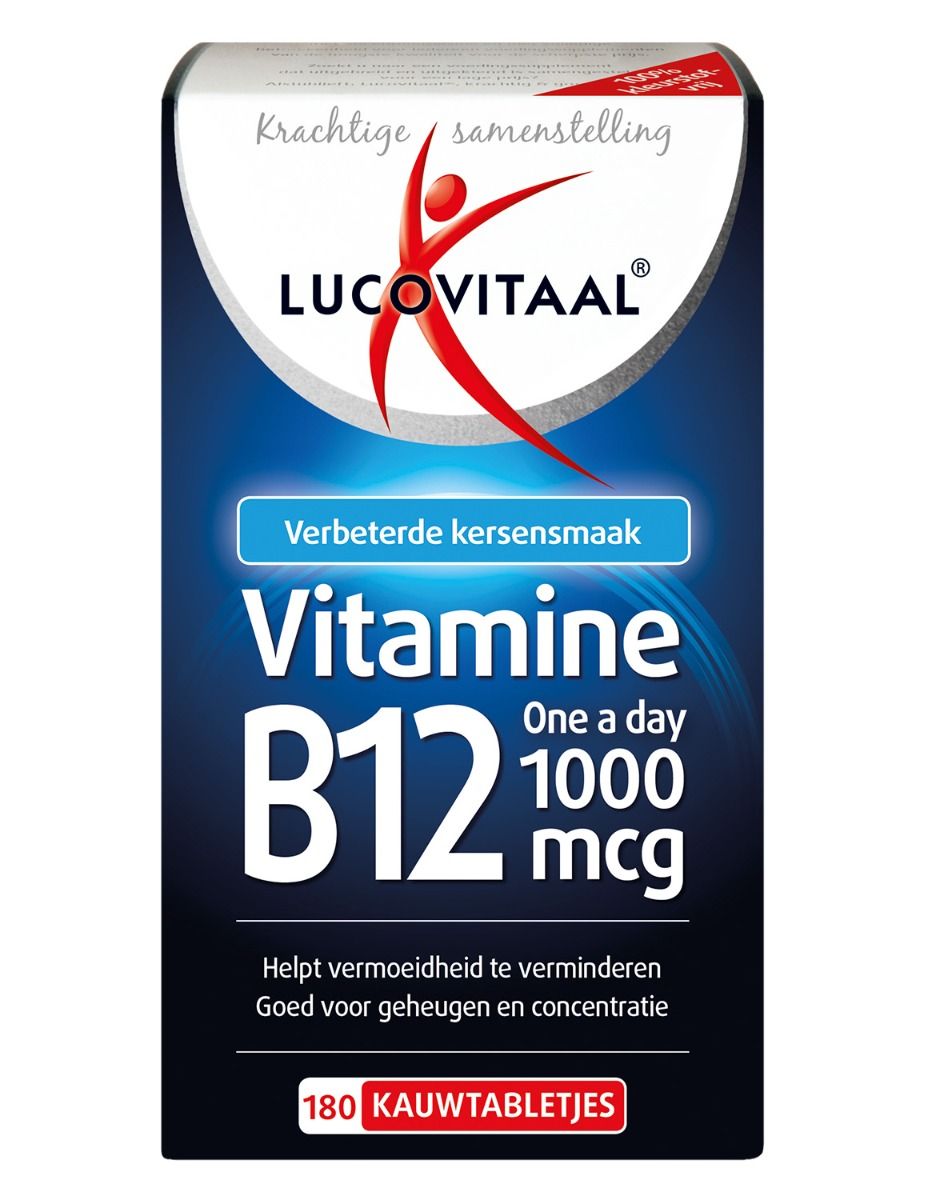 Dos de l'emballage Lucovitaal Vitamine B12. Contient ingrédients, informations nutritionnelles et allergènes.