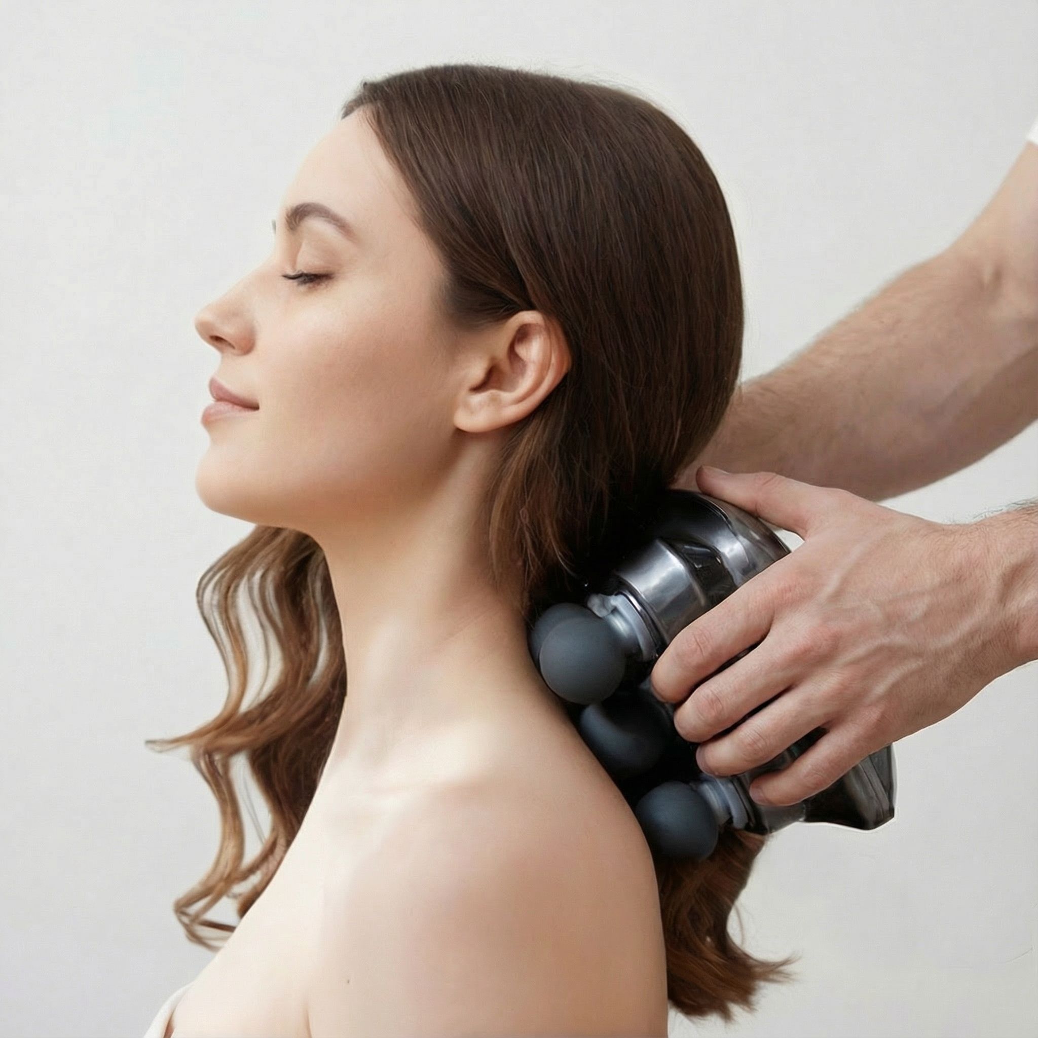 Persoon masseert nek van vrouw met massageapparaat. Apparaat grijs, met ballen. Vrouw met gesloten ogen.