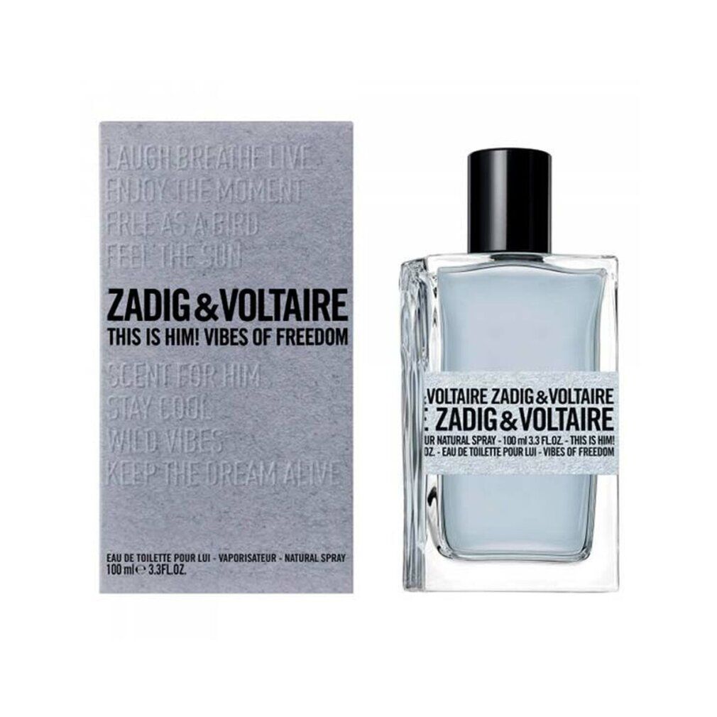 Flacon de parfum Zadig & Voltaire, liquide bleu. Rectangulaire, bouchon noir. Boîte avec texte.
