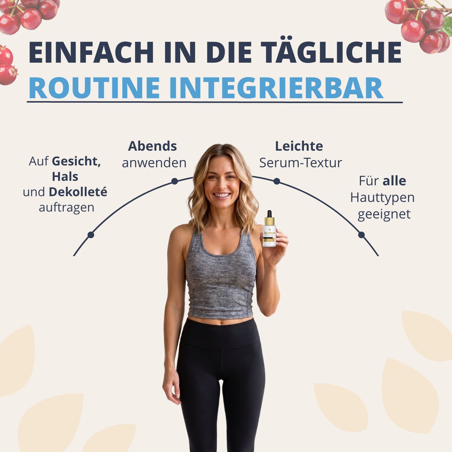 Femme tenant un flacon de sérum Golden Tree Spotless, intégrable dans la routine de soins quotidienne.
