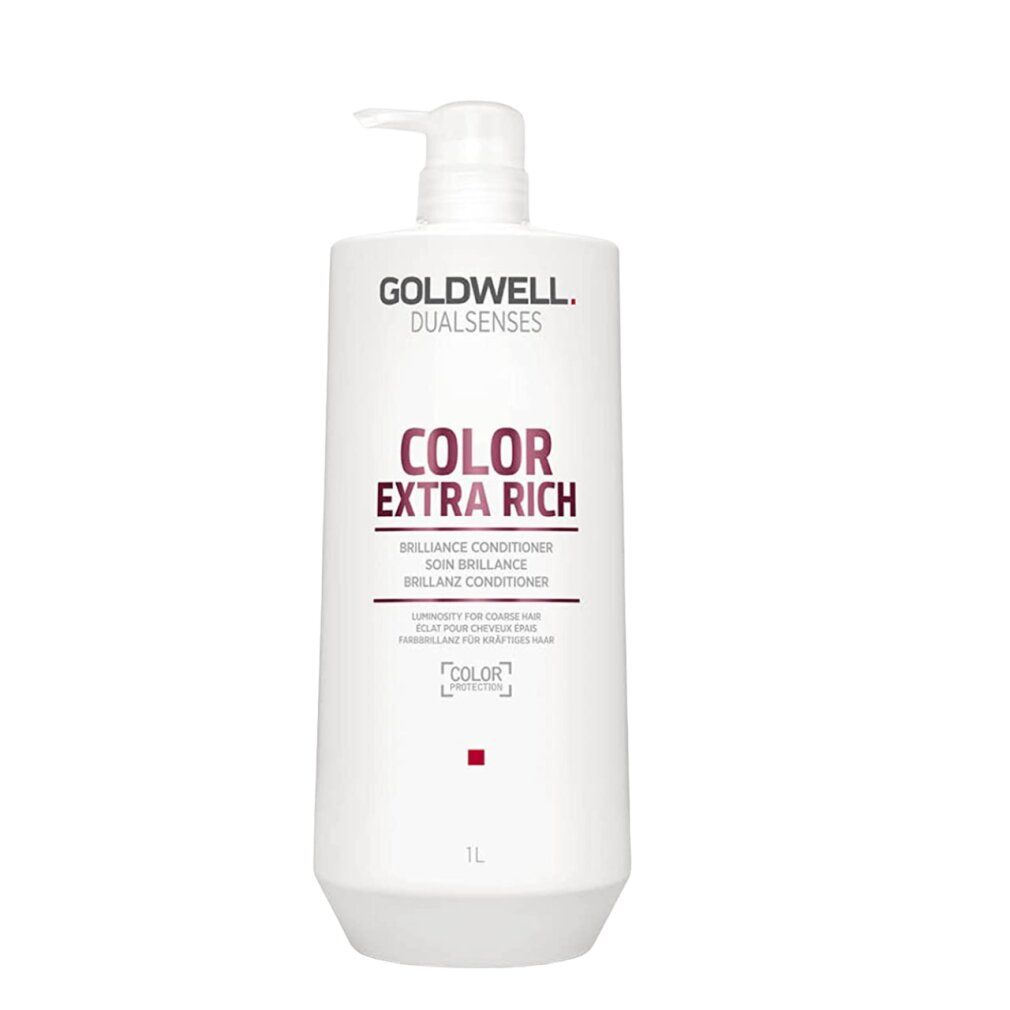 Goldwell Dualsenses Color Extra Rich Conditioner. Flacon blanc avec pompe. Inscription rose: COLOR EXTRA RICH. 1L.