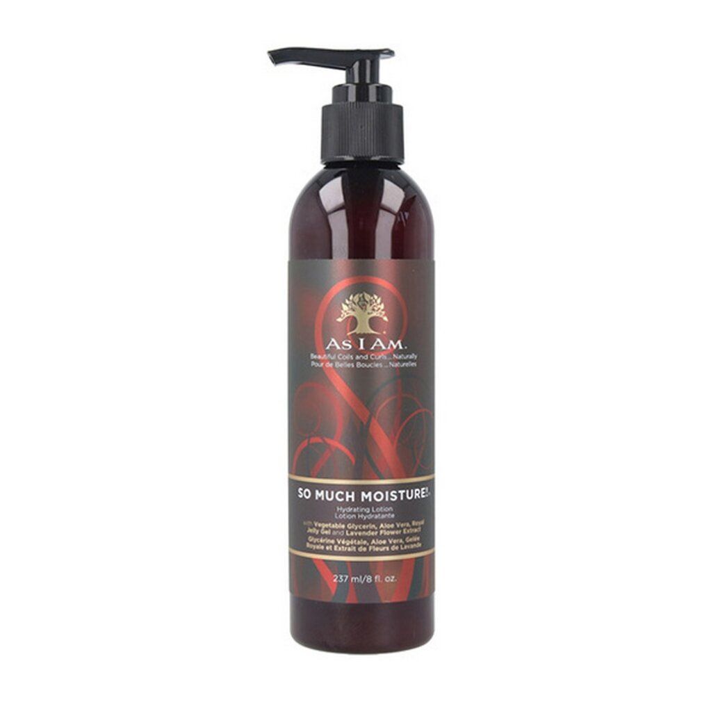 Lotion hydratante As I Am So Much Moisture avec pompe. Flacon brun foncé avec étiquette rouge.