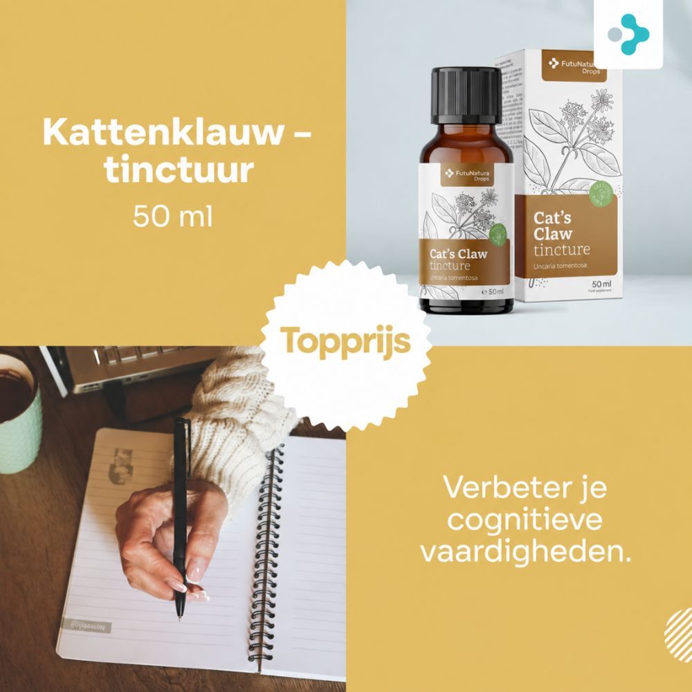 Vrouw houdt fles kattenklauw tinctuur vast, 50 ml.