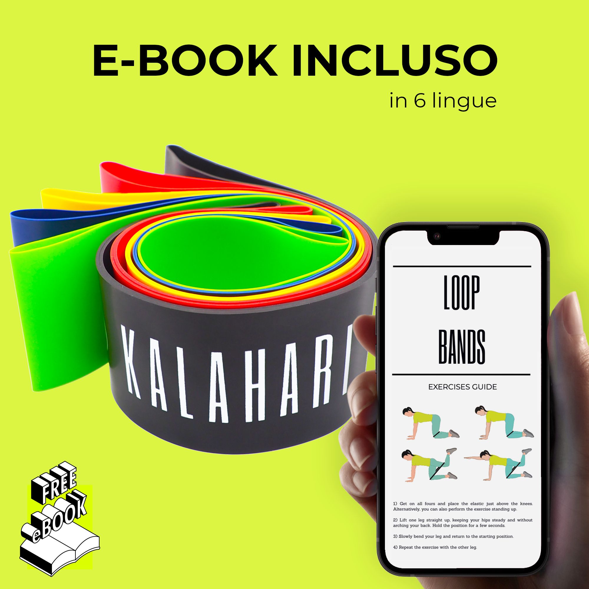 KALAHARI fitness weerstandsbanden en een smartphone met e-book oefengids.