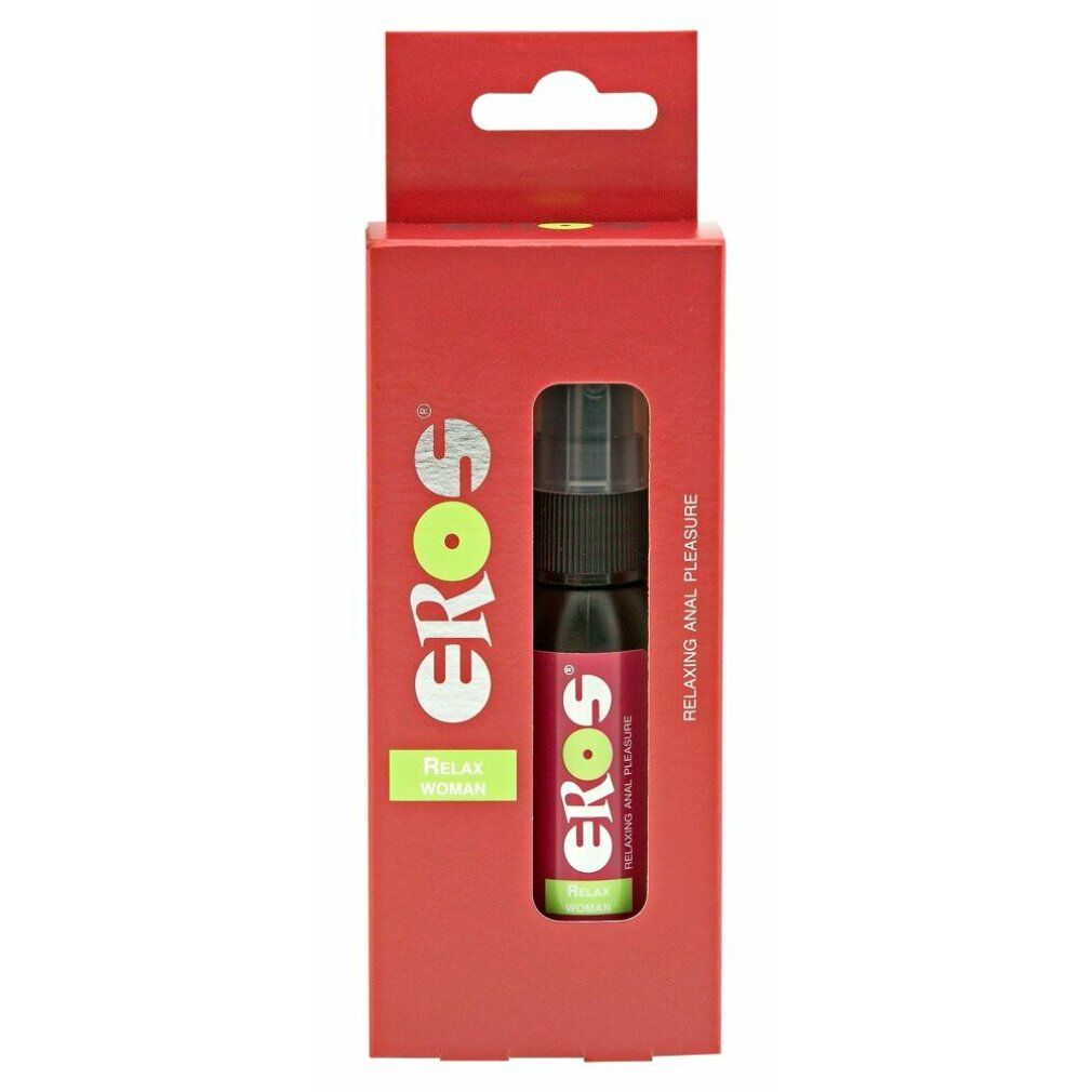 Rode verpakking met product. EROS Relax Woman spray in rode doos. Zichtbare productopdruk.