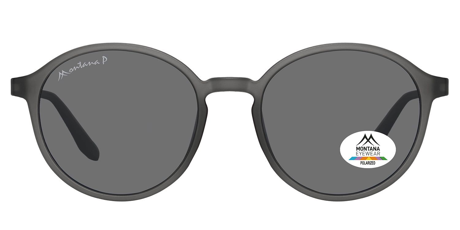 Ronde grijze zonnebril. Montana Eyewear logo op de poot. Gepolariseerde sticker op het glas.