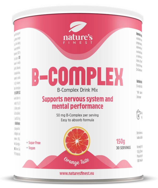 Ronde pot met roze etiket. Opschrift: B-COMPLEX, Nature's Finest. Bevat 150g, 30 porties. Smaak: Sinaasappel. Vegan, suikervrij.
