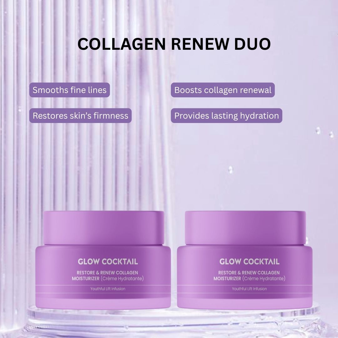 Twee paarse potjes met deksels. Opschrift: Glow Cocktail, Restore & Renew Collagen Moisturizer. Tekst: Collagen Renew Duo.
