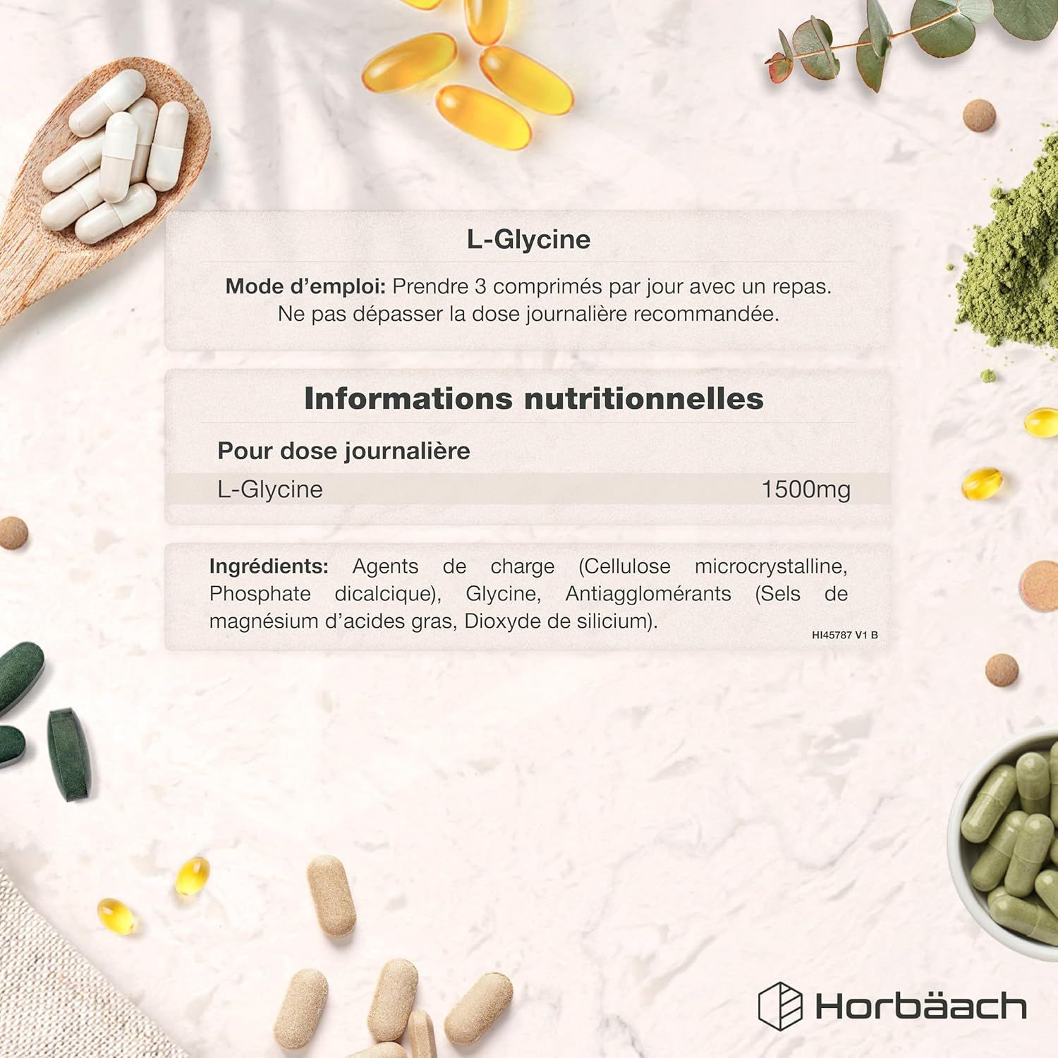 Informations sur le complément L-Glycine. Contient 1500mg de L-Glycine par dose journalière.