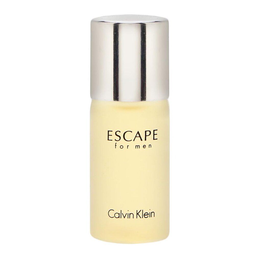 Flacon Calvin Klein Escape for men. Bouchon argenté, inscription Escape for men. En bas, Calvin Klein. Liquide jaunâtre.