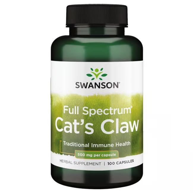 Groene fles met wit etiket. Opschrift: SWANSON, Cat's Claw, 500 mg per capsule. 100 capsules.