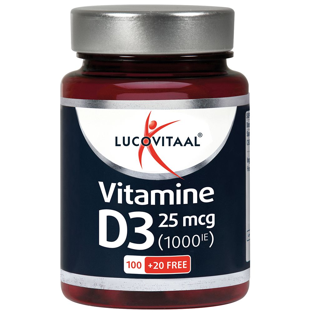 Bruine fles Lucovitaal Vitamine D3 met zilveren dop. Bevat 100+20 capsules. Logo en productinfo op het etiket.