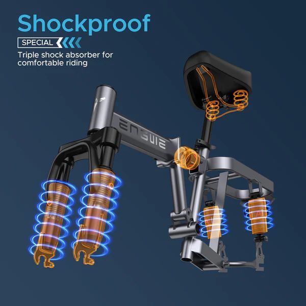 Uiteenzetting van het veersysteem van de e-bike. Drievoudige schokdemper voor comfortabel rijden. Oranje veren.