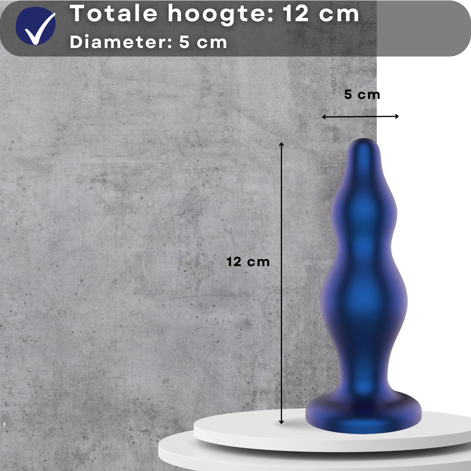 Anale plug van siliconen, metallic blauw. Ergonomisch. Met voet. 12 cm.