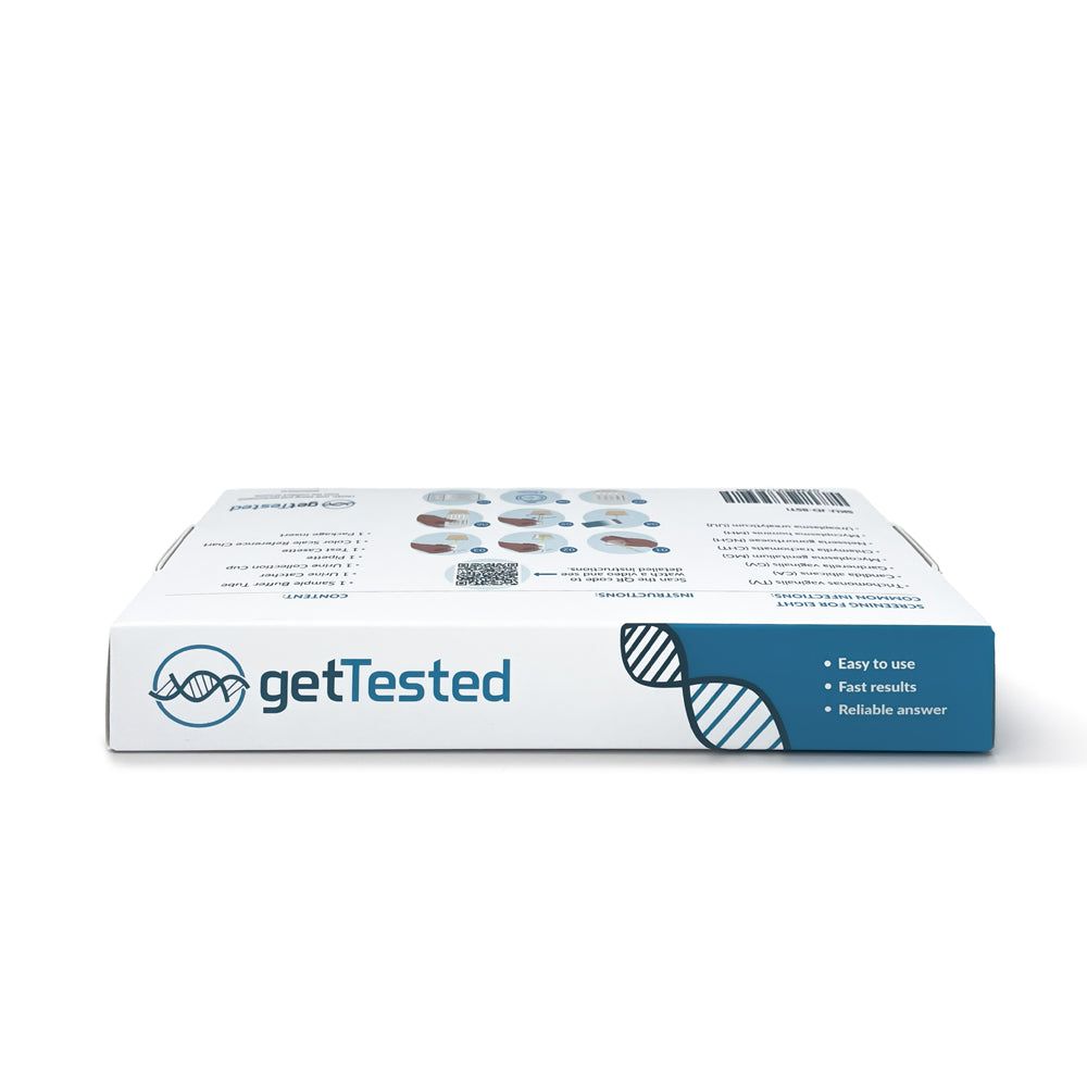 Verpakking van een 8-in-1 soa-testkit. Bevat informatie over verschillende seksueel overdraagbare aandoeningen. 8 tests.