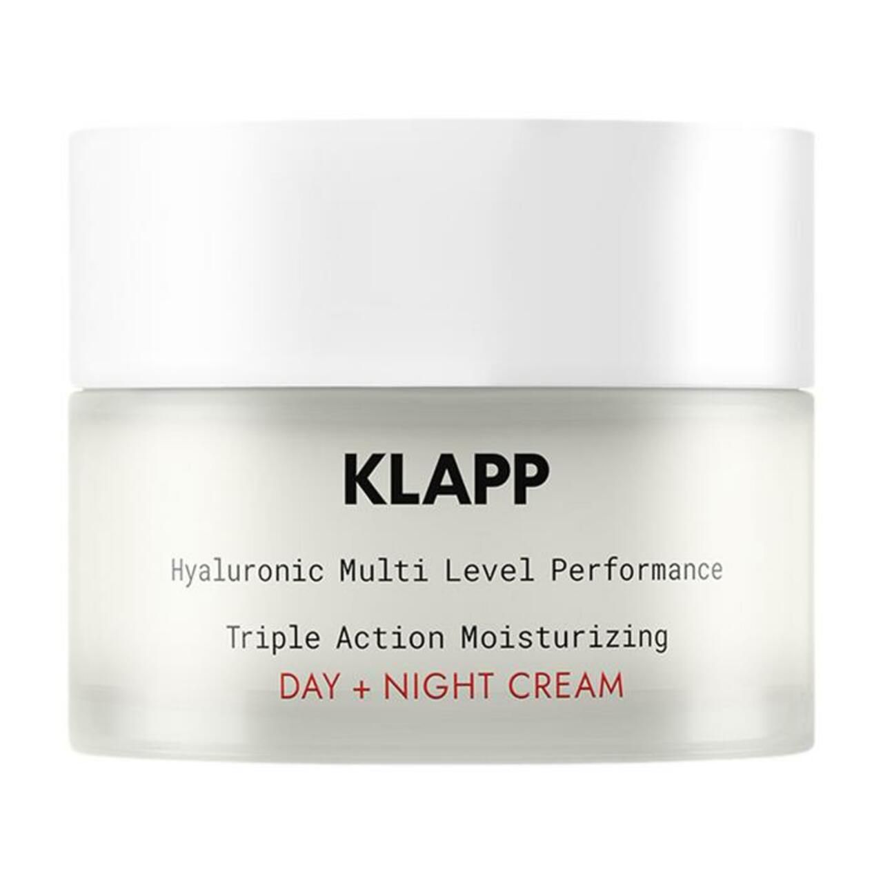 Glazen pot met witte deksel. Opschrift: Klapp, Hyaluronic Multi Level Performance, Triple Action Moisturizing Day + Night Cream.