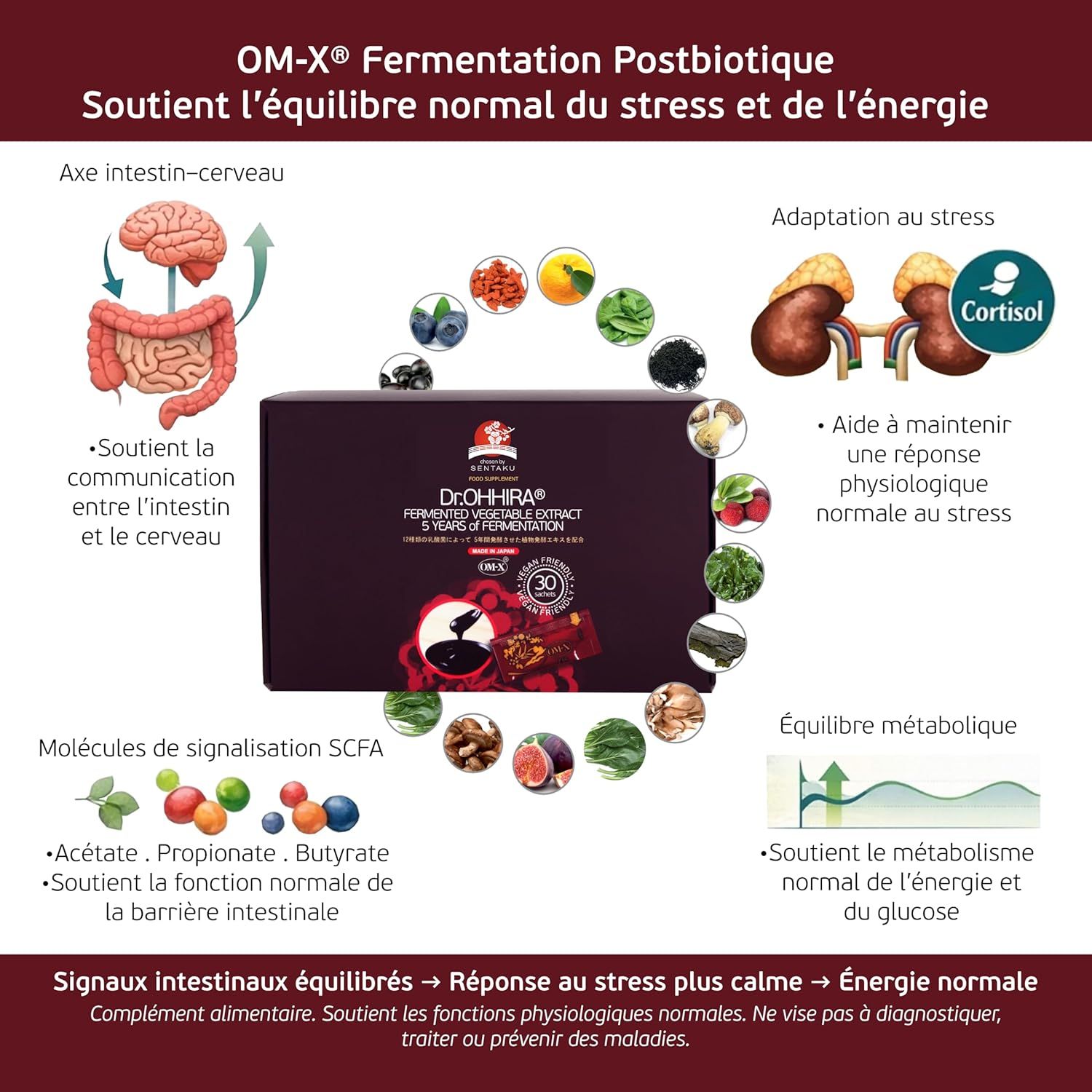 Infographie sur le postbiotique de fermentation OM-X, montrant l'intestin, le cerveau, les reins et le métabolisme.