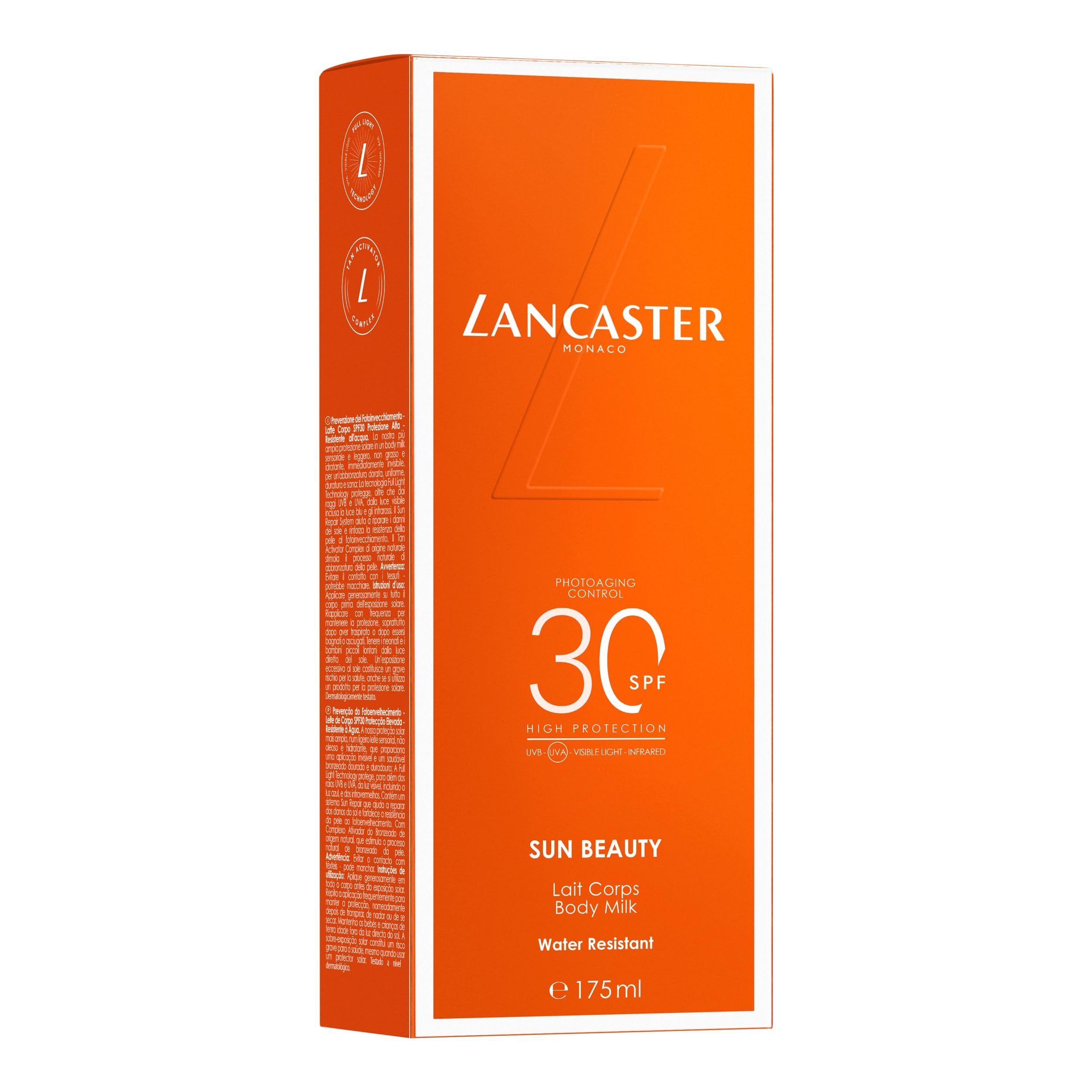 Emballage orange avec nom du produit et SPF 30. Texte: Lancaster, Sun Beauty, Body Milk, Water Resistant, e 175ml.