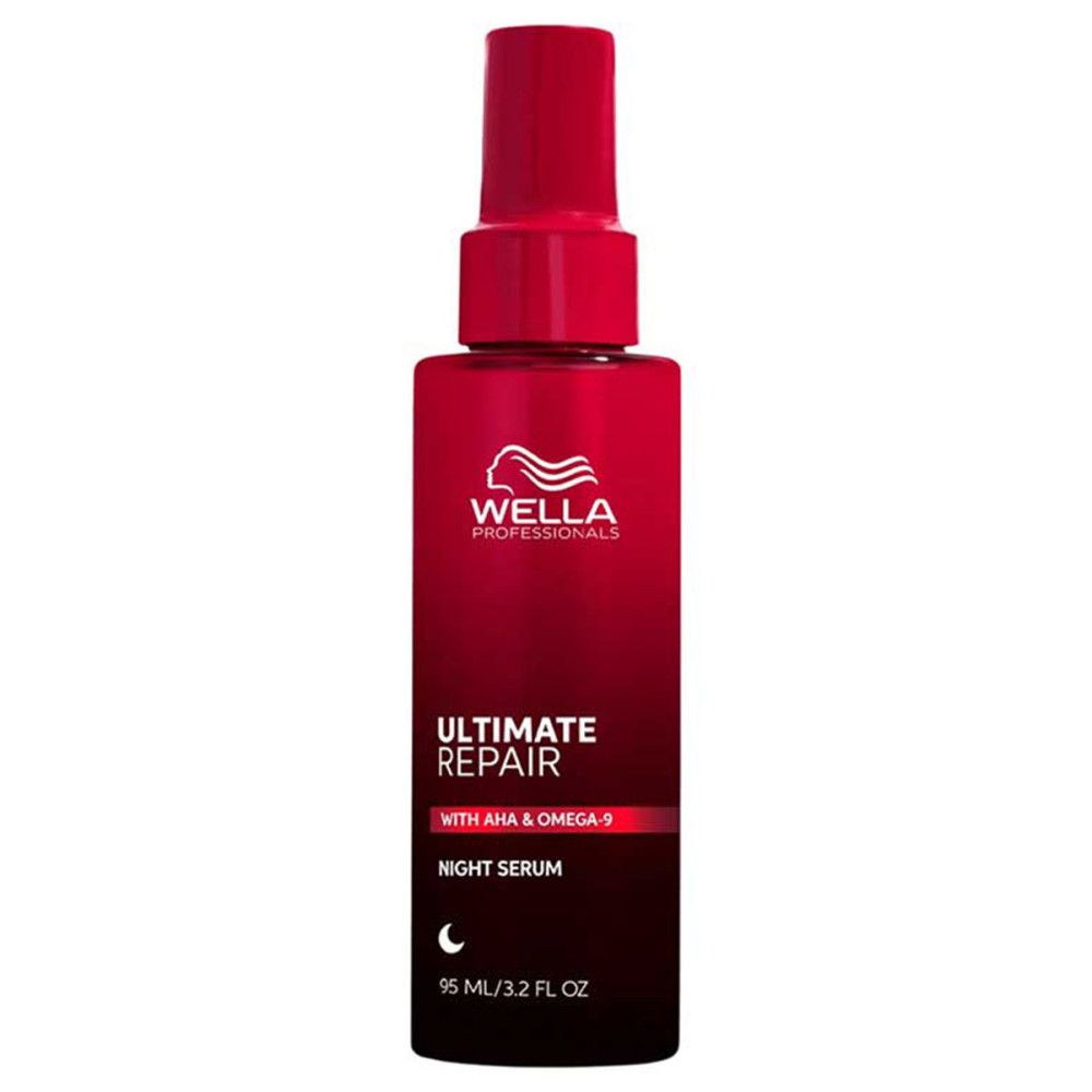 Flacon rouge de sérum. Inscription : Wella Ultimate Repair Night Serum. Avec AHA & Oméga-9. Symbole de lune.