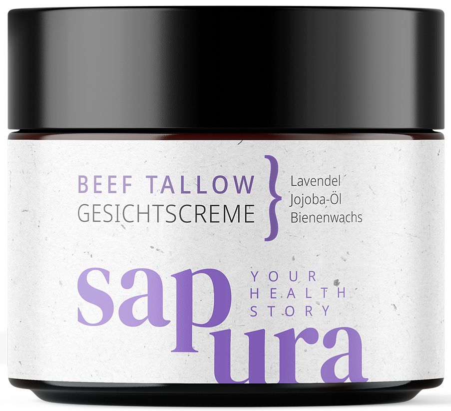 Pot de crème avec couvercle noir. Inscription : BEEF TALLOW GESICHTSCREME, Lavande, Huile de jojoba, Cire d'abeille. Marque : sapura.